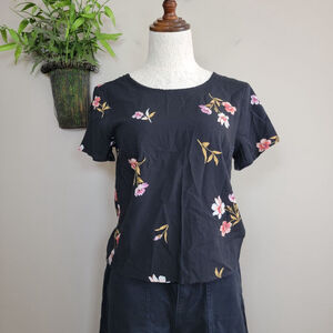 NEW Abercrombie & Fitch Floral V Neck Crop Top Back Tie Black Short Sleeve S